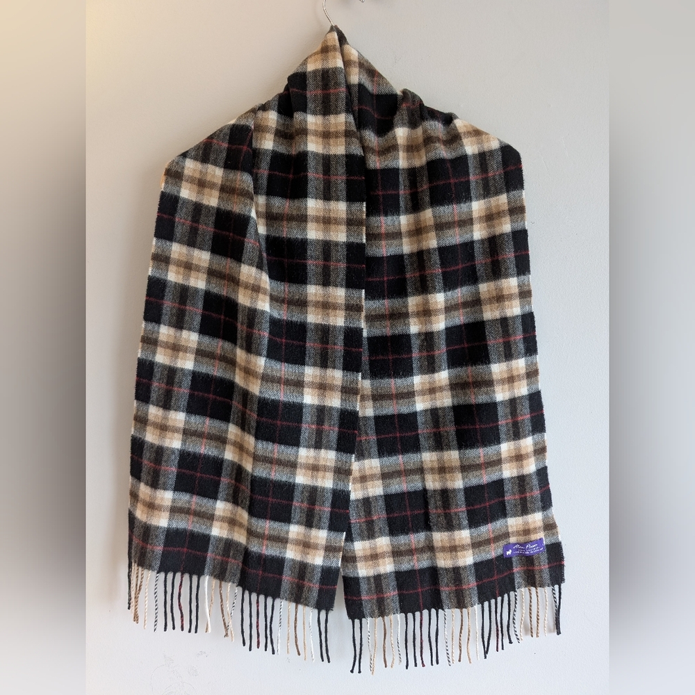 Alan Flusser | 100% Cashmere Black, Brown, & Creme Plaid Scarf w Fringe